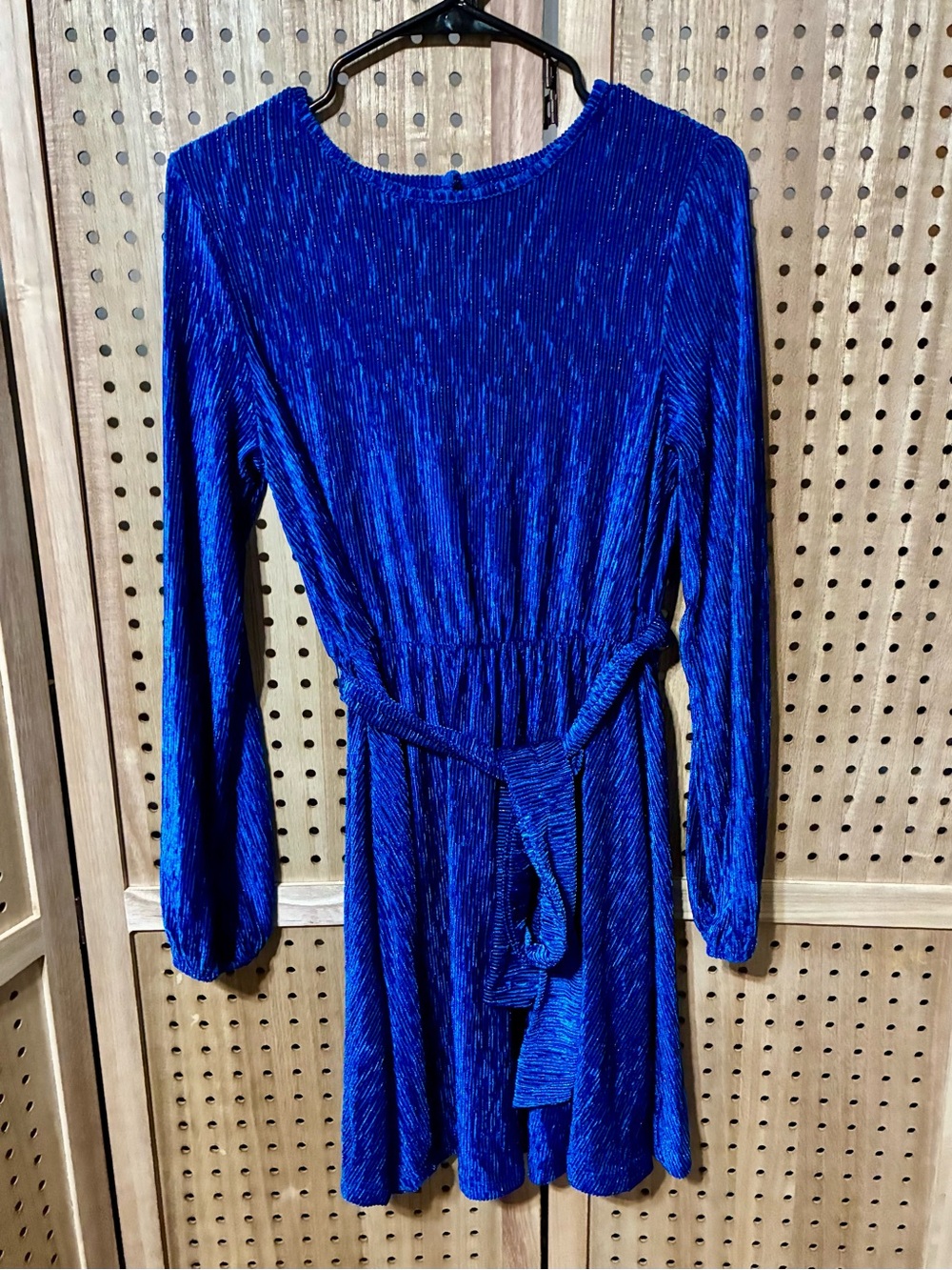Women’s Long Sleeve Belted Velvet-Look Dress in Cobalt Blue Size M